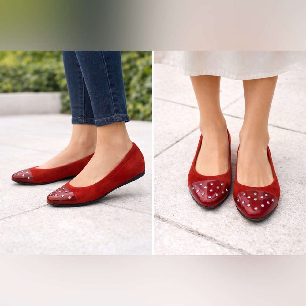 MAGLI by Bruno Magli Elegant Red Suede Patent Leather with Studded Cap Toe Flats